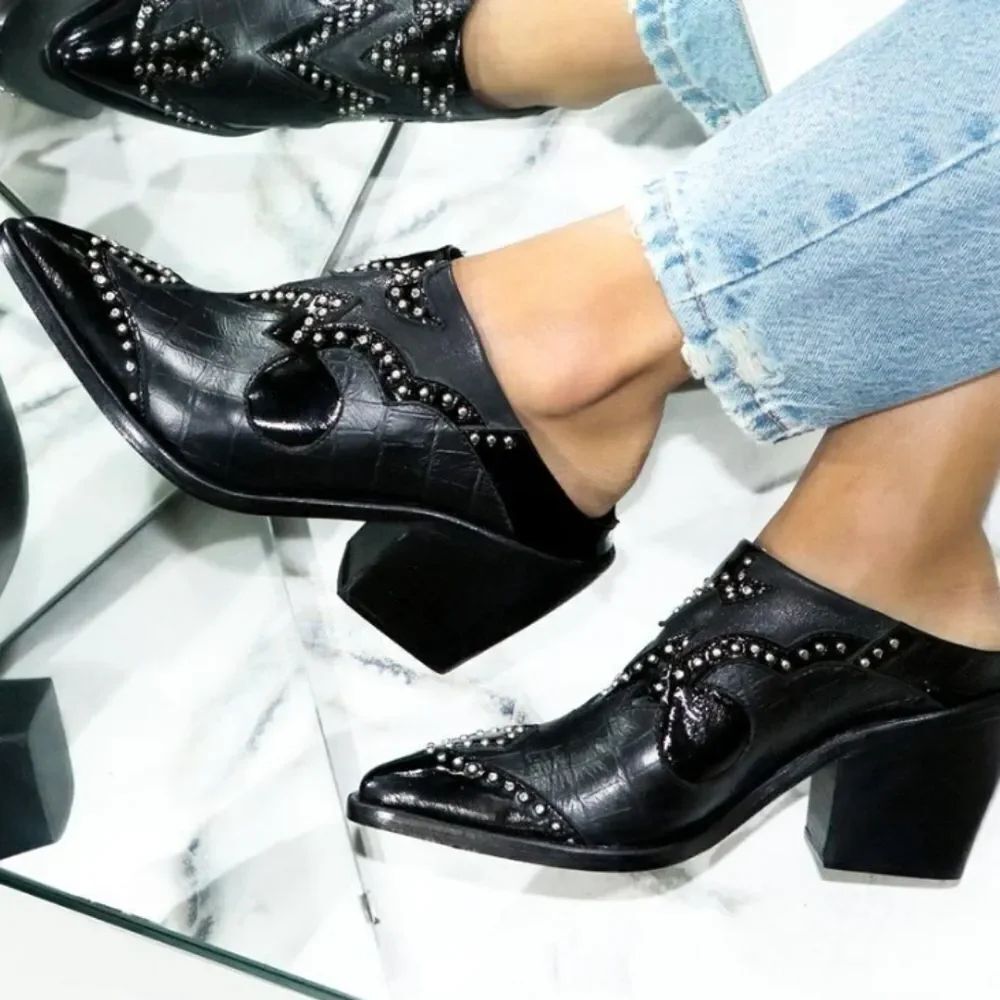 WHITEM POINTED TOE SLIP-ON WOMEN"S BLOCK HEEL MULE G1